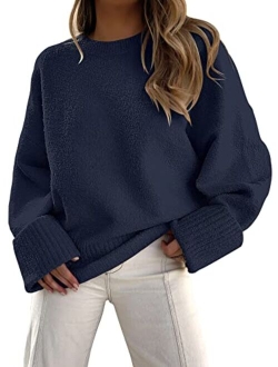 Women's Crewneck Long Sleeve Oversized Fuzzy Knit Chunky Warm Pullover Sweater Top