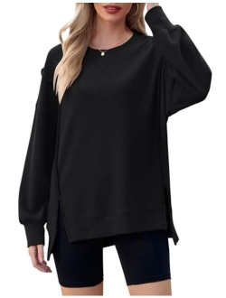 Micoson Womens Long Sleeve Crew Neck Shirts Side Split High Low Hem Pullover Tunic Tops Loose Ribbed Knit Blouses Top