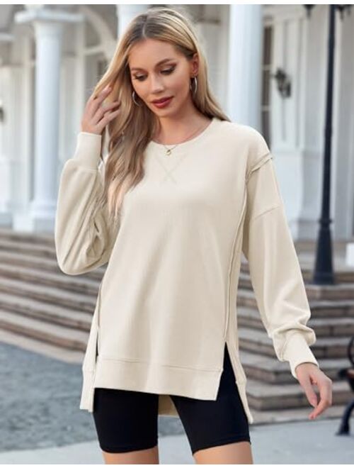 Micoson Womens Long Sleeve Crew Neck Shirts Side Split High Low Hem Pullover Tunic Tops Loose Ribbed Knit Blouses Top