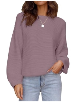 Women's 2023 Crew Neck Long Lantern Sleeve Casual Loose Ribbed Knit Solid Soft Pullover Sweater Tops