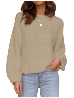 Women's 2023 Crew Neck Long Lantern Sleeve Casual Loose Ribbed Knit Solid Soft Pullover Sweater Tops