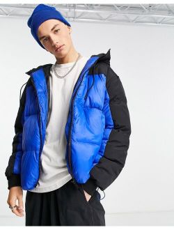 Good For Nothing trek oversized hooded puffer jacket in blue and black color blocking