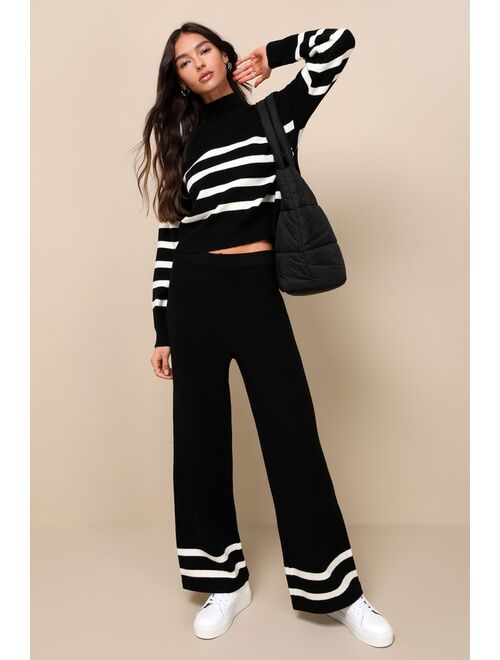 Lulus Effortlessly Charming Black Striped Wide-Leg Sweater Pants