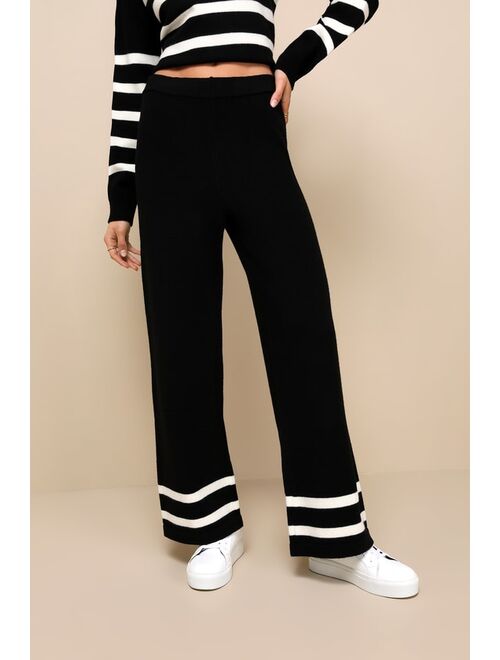 Lulus Effortlessly Charming Black Striped Wide-Leg Sweater Pants