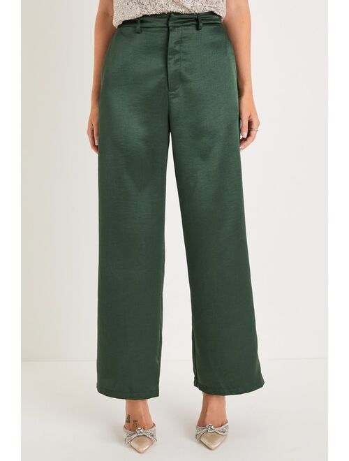 Lulus Sleek Statement Emerald Green Satin High Rise Wide-Leg Trousers