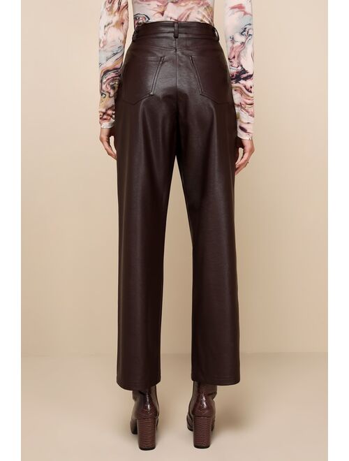 Lulus Sleek Vibe Dark Brown Vegan Leather High Rise Pants