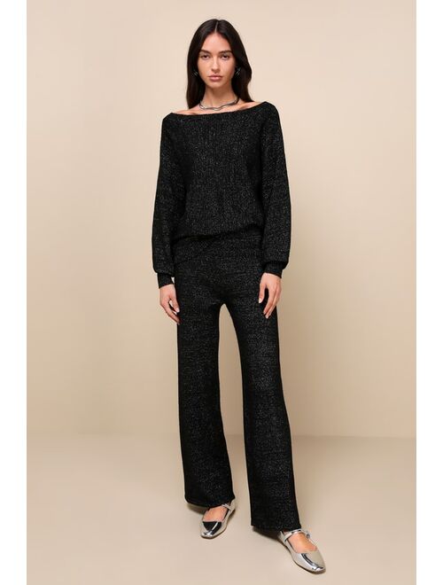Lulus Luxe Comfort Black Lurex Wide-Leg Sweater Pants