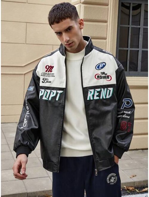 Shein Men's Text & Graphic Print Racing Leather Jacket