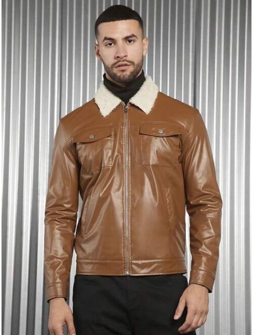 Shein Manfinity Homme Men 1pc Borg Collar Flap Pocket PU Leather Jacket