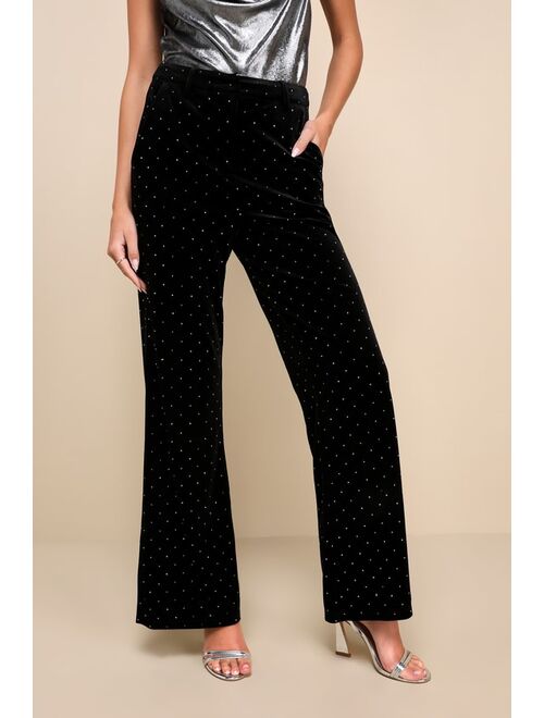 Lulus Glamorous Statement Black Velvet Studded Wide-Leg Pants
