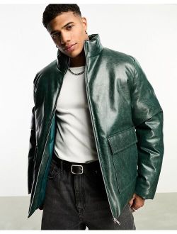 puffer jacket in green faux leather with funnel neck