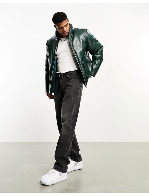 ASOS DESIGN puffer jacket in green faux leather with funnel neck