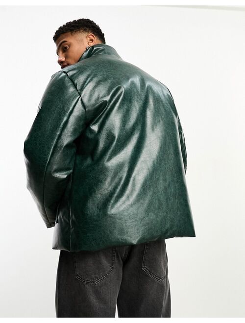 ASOS DESIGN puffer jacket in green faux leather with funnel neck