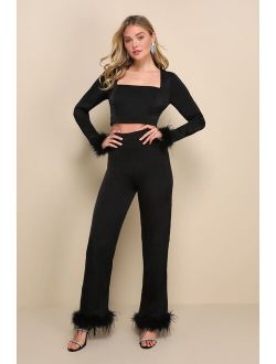 Premium Aura Black Satin High Rise Wide-Leg Feather Pants