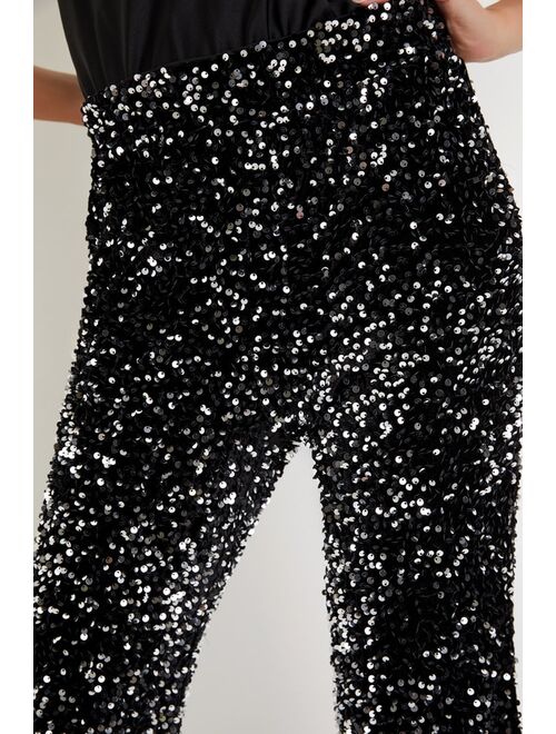 Lulus Sparkling Celebration Black Velvet Sequin Wide-Leg Pants