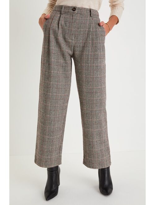 Lulus Desirable Style Grey Plaid High Rise Straight Leg Trouser Pants