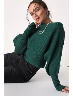 Classically Cozy Dark Green Ribbed Dolman Sleeve Cropped Sweater