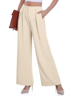 DACESLON Women's Causal Wide Leg Pants High Elastic Waisted in The Back Business Work Trousers Long Straight Suit Pants