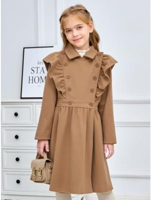 Haloumoning Girls Dress Coat Kids Lapel Double Breasted Button Down Ruffle Long Winter Jackets with Pockets 5-14 Years