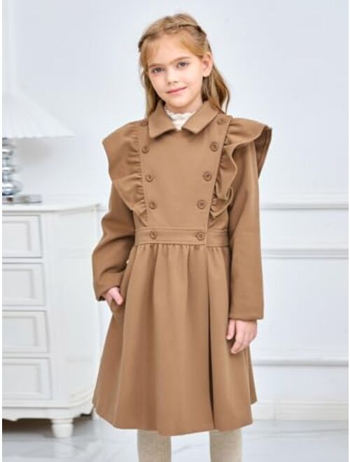 Haloumoning Girls Dress Coat Kids Lapel Double Breasted Button Down Ruffle Long Winter Jackets with Pockets 5-14 Years