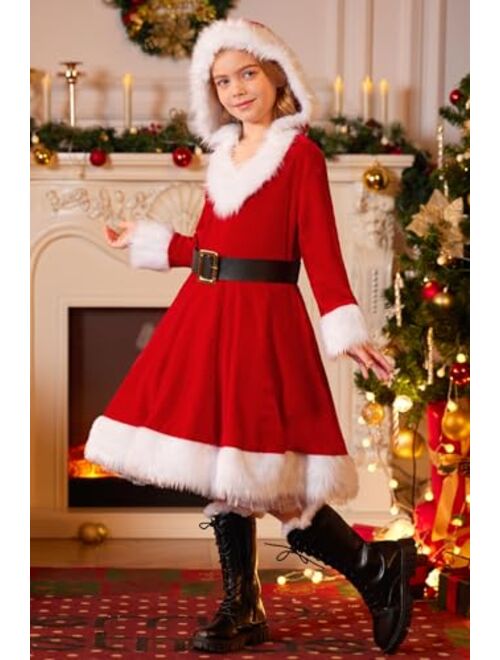 BesserBay Girls Christmas Mrs. Santa Claus Costume Red Velvet Hoodie Dress with Belt 4-14 Years