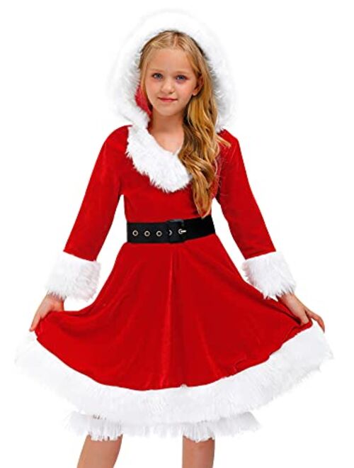 BesserBay Girls Christmas Mrs. Santa Claus Costume Red Velvet Hoodie Dress with Belt 4-14 Years