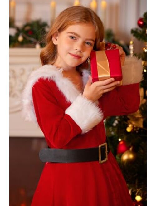 BesserBay Girls Christmas Mrs. Santa Claus Costume Red Velvet Hoodie Dress with Belt 4-14 Years