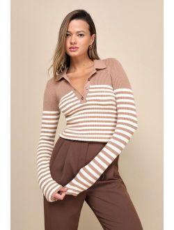 Stylish Direction Brown Striped Collared Long Sleeve Sweater