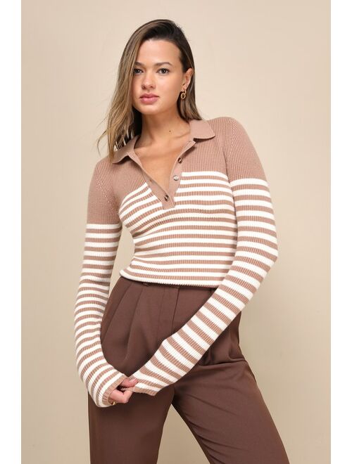 Lulus Stylish Direction Brown Striped Collared Long Sleeve Sweater