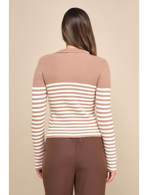 Lulus Stylish Direction Brown Striped Collared Long Sleeve Sweater