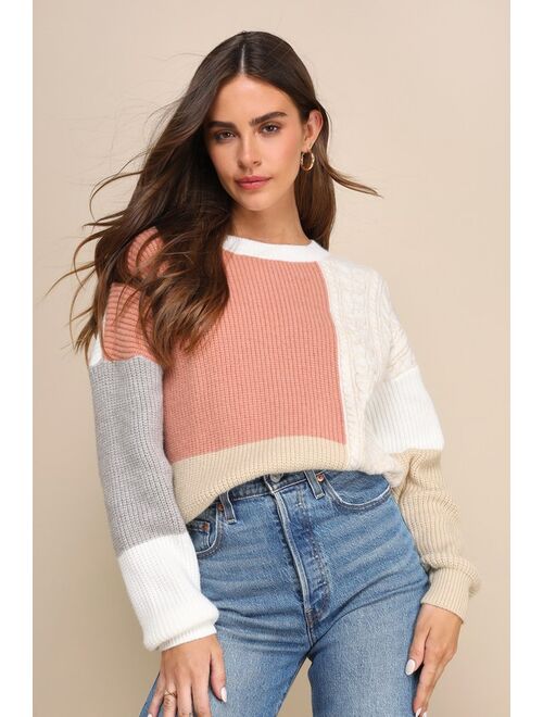 Lulus Adorable Expression Ivory Multi Color Block Cable Knit Sweater
