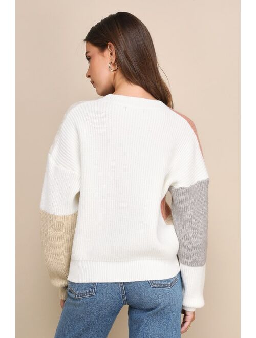 Lulus Adorable Expression Ivory Multi Color Block Cable Knit Sweater