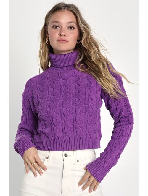 Lulus Slope Days Purple Cable Knit Cropped Turtleneck Sweater