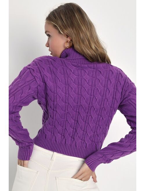 Lulus Slope Days Purple Cable Knit Cropped Turtleneck Sweater
