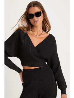 Luxe Weekend Black Ribbed Surplice Long Sleeve Sweater Top