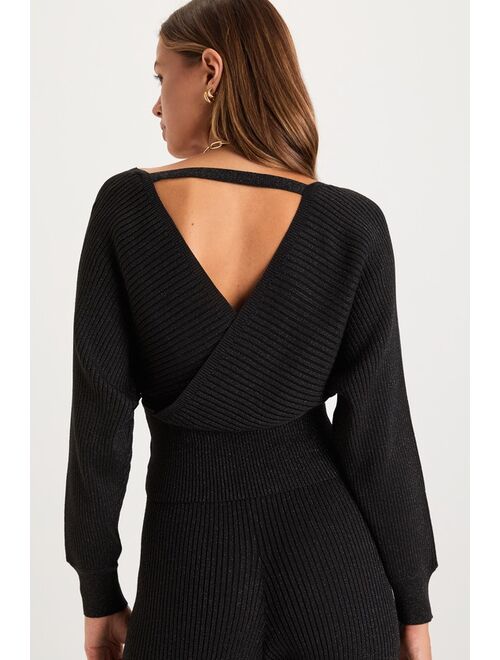 Lulus Luxe Weekend Black Ribbed Surplice Long Sleeve Sweater Top