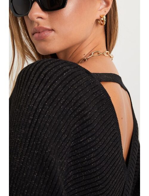 Lulus Luxe Weekend Black Ribbed Surplice Long Sleeve Sweater Top