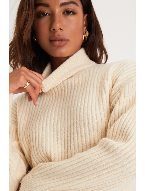Lulus Toasty Style Cream Ribbed Knit Turtleneck Sweater