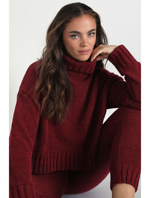 Lulus Cozy Plans Burgundy Chenille Knit Turtleneck Sweater Top