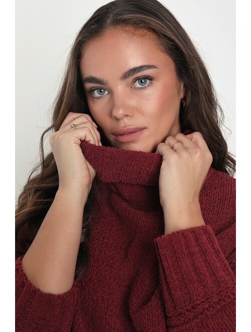 Lulus Cozy Plans Burgundy Chenille Knit Turtleneck Sweater Top