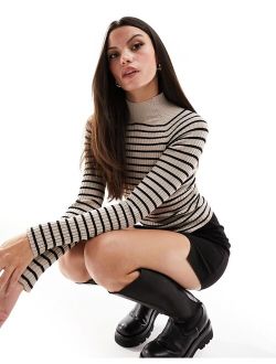 high neck sweater in taupe & black stripe