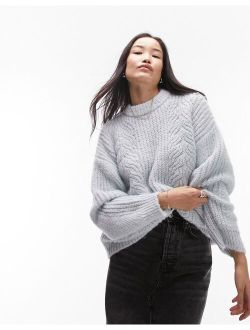 knit fluffy cable stitch longline sweater in blue