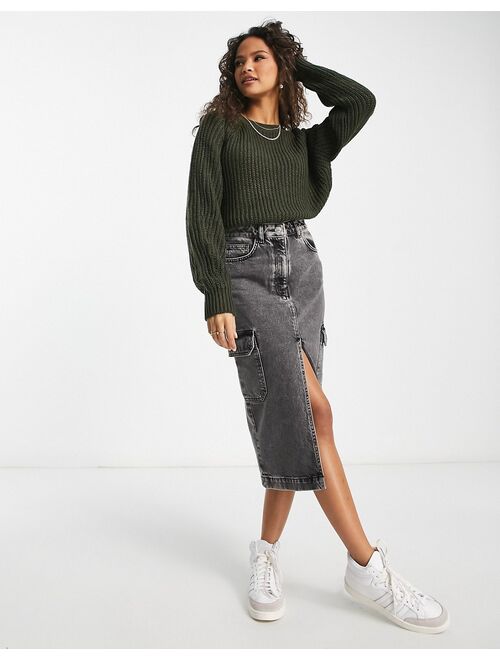 New Look crew neck knitted sweater with stich detail in dark khaki