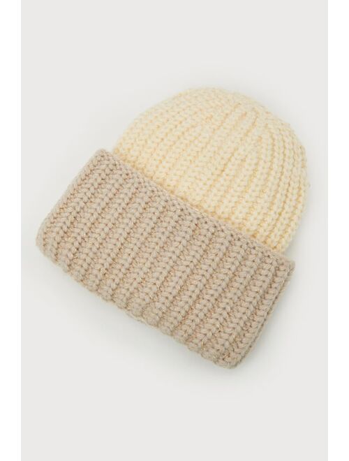 San Diego Hat Co. Urban Ivory and Taupe Color Block Cuff Beanie