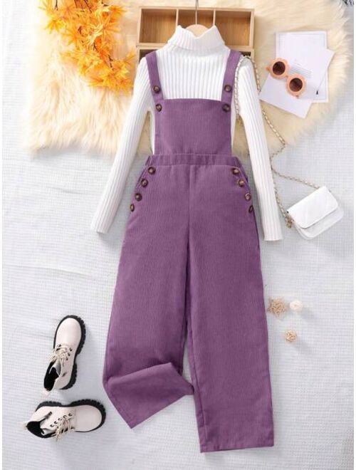SHEIN Tween Girl 1pc Button Detail Overall Jumpsuit