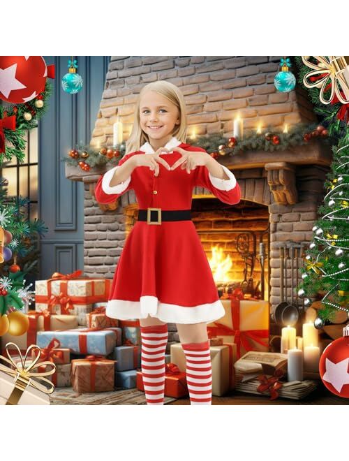 Forfamy Girls Christmas Mrs. Santa Claus Costume Red Velvet Hoodie Dress Long Sleeves with Belt, Xmas Dress Up Party Outfit