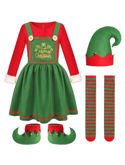 Dormstop Kids Holiday Elf Costumes Deluxe Grils Christmas Elf Dress Set Christmas Party Dress Outfit