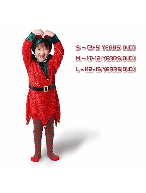 A ANLEOLIFE Christmas Elf Costume for Kids with Sequins Tinkle Bells Belt(2021 Updated Vers.)