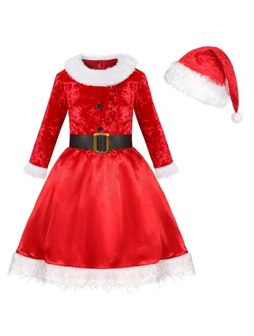 Soyoekbt Christmas Costume for Girls Led Light Up Santa Dress With Red Xmas Hat