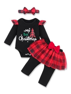 Crazyme My 1st Christmas Baby Girl Outfit Long Sleeve Romper Tulle Skirt Pants with Headband Christmas Baby Outfit